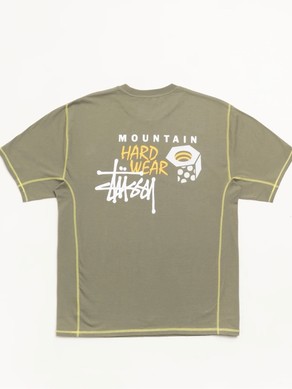 Stussy Olive Green Graphic Tee with Yellow and White Accents